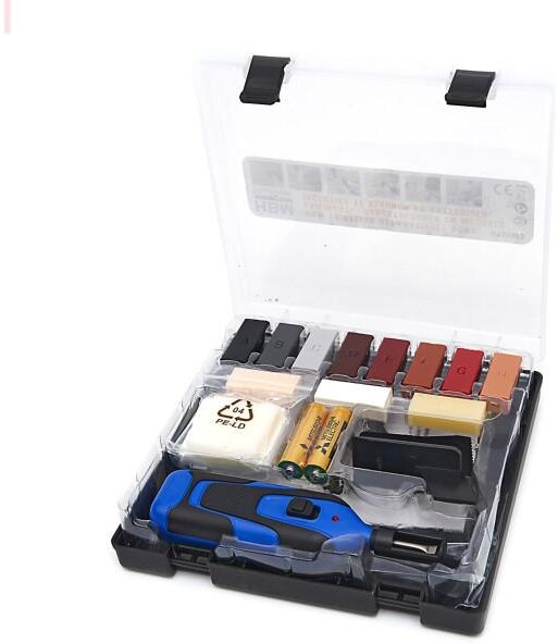 HBM 11-delers reparasjonssett for laminat - parkettgulv og møbler inkludert 11 farger og batteri