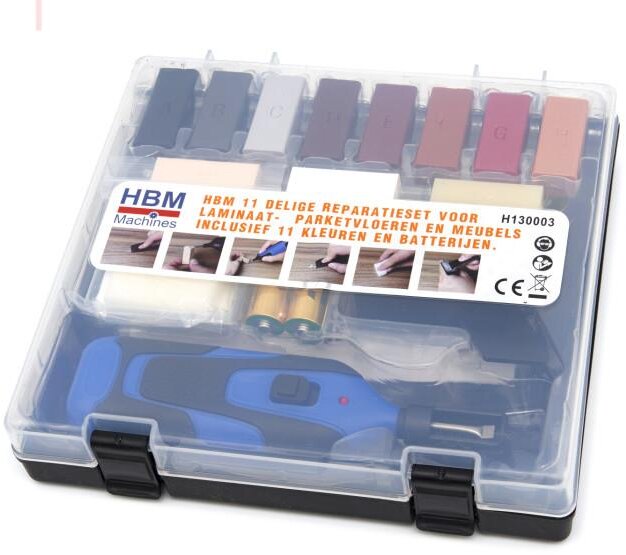 HBM 11-delers reparasjonssett for laminat - parkettgulv og møbler inkludert 11 farger og batteri