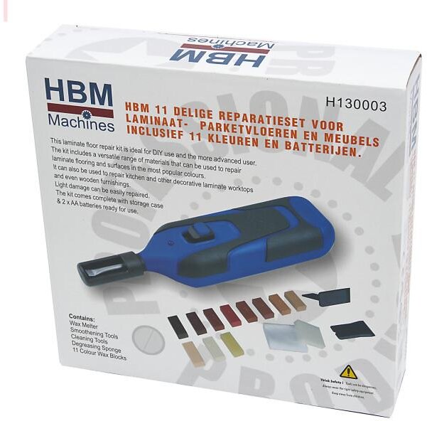 HBM 11-delers reparasjonssett for laminat - parkettgulv og møbler inkludert 11 farger og batteri