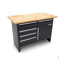 HBM 120 cm workbench with 5 drawers, 1 door and solid wood worktop