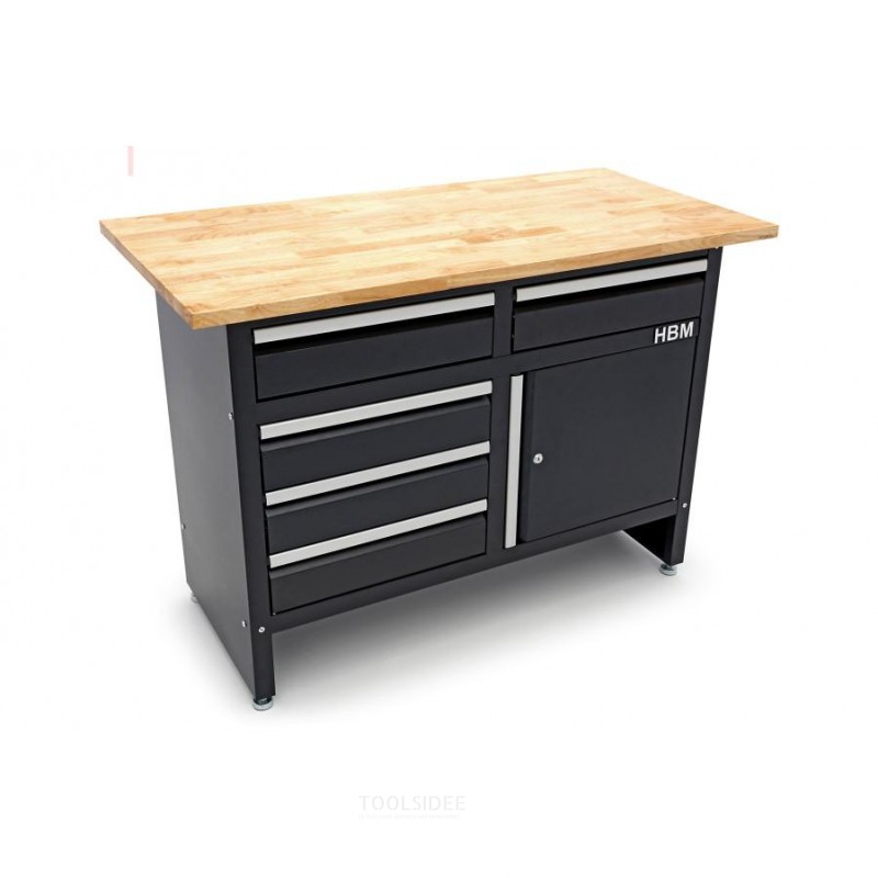 HBM 120 cm workbench with 5 drawers, 1 door and solid wood worktop HBM 120 cm workbench with 5 drawers, 1 door and solid wood worktop