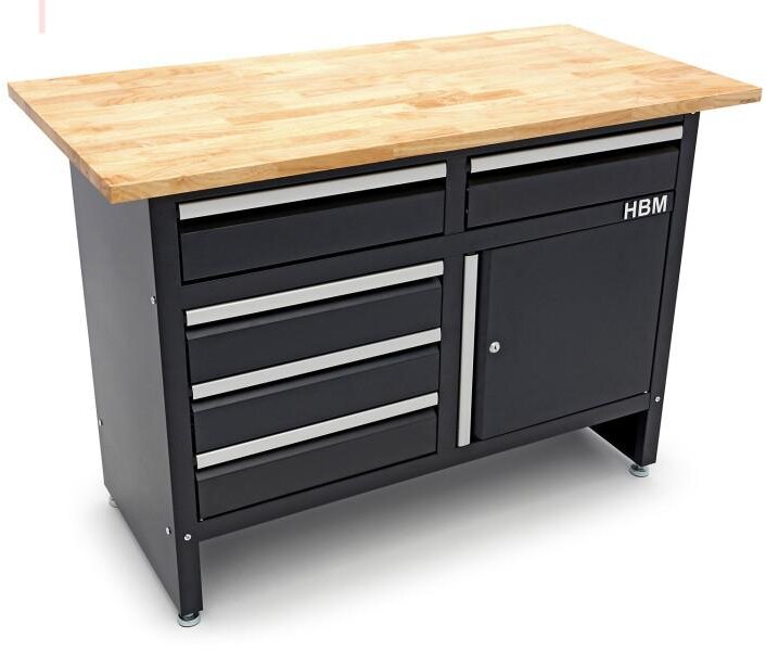 HBM 120 Cm Arbeidsbenk med 5 skuffer, 1 dør og heltre benkeplate