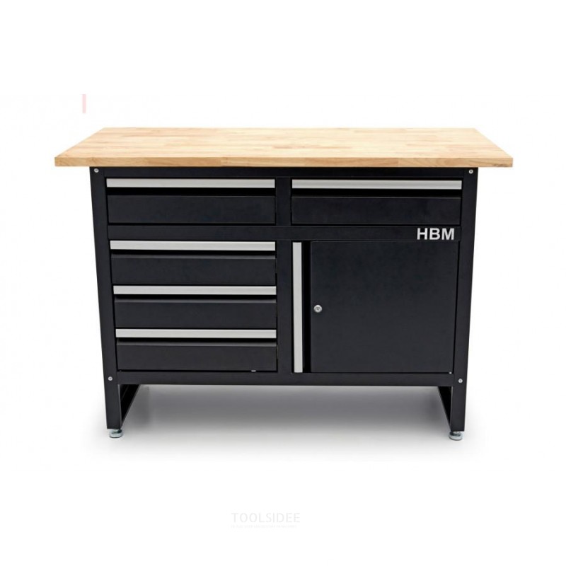 HBM 120 cm workbench with 5 drawers, 1 door and solid wood worktop HBM 120 cm workbench with 5 drawers, 1 door and solid wood worktop