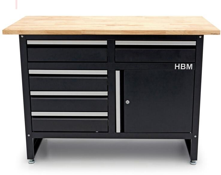 HBM 120 Cm Arbeidsbenk med 5 skuffer, 1 dør og heltre benkeplate