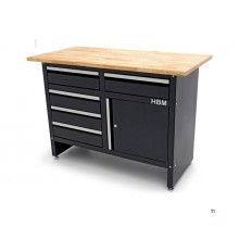 HBM 120 Cm Arbeidsbenk med 5 skuffer, 1 dør og heltre benkeplate
