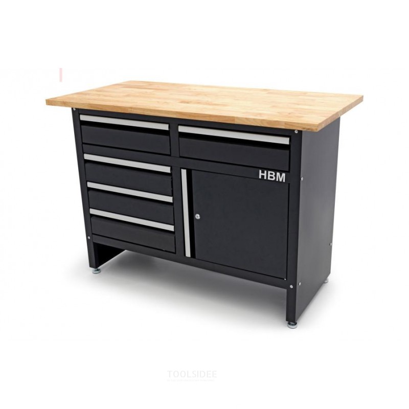 HBM 120 cm workbench with 5 drawers, 1 door and solid wood worktop HBM 120 cm workbench with 5 drawers, 1 door and solid wood worktop