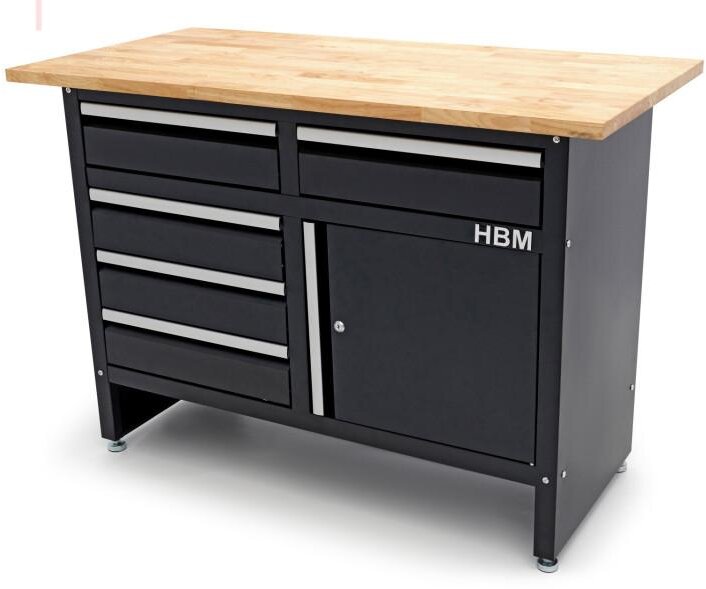 HBM 120 Cm Arbeidsbenk med 5 skuffer, 1 dør og heltre benkeplate