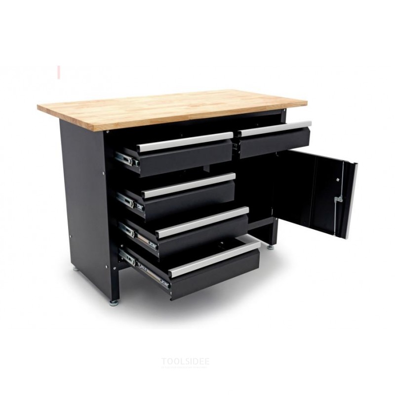 HBM 120 cm workbench with 5 drawers, 1 door and solid wood worktop HBM 120 cm workbench with 5 drawers, 1 door and solid wood worktop