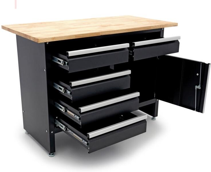 HBM 120 Cm Arbeidsbenk med 5 skuffer, 1 dør og heltre benkeplate
