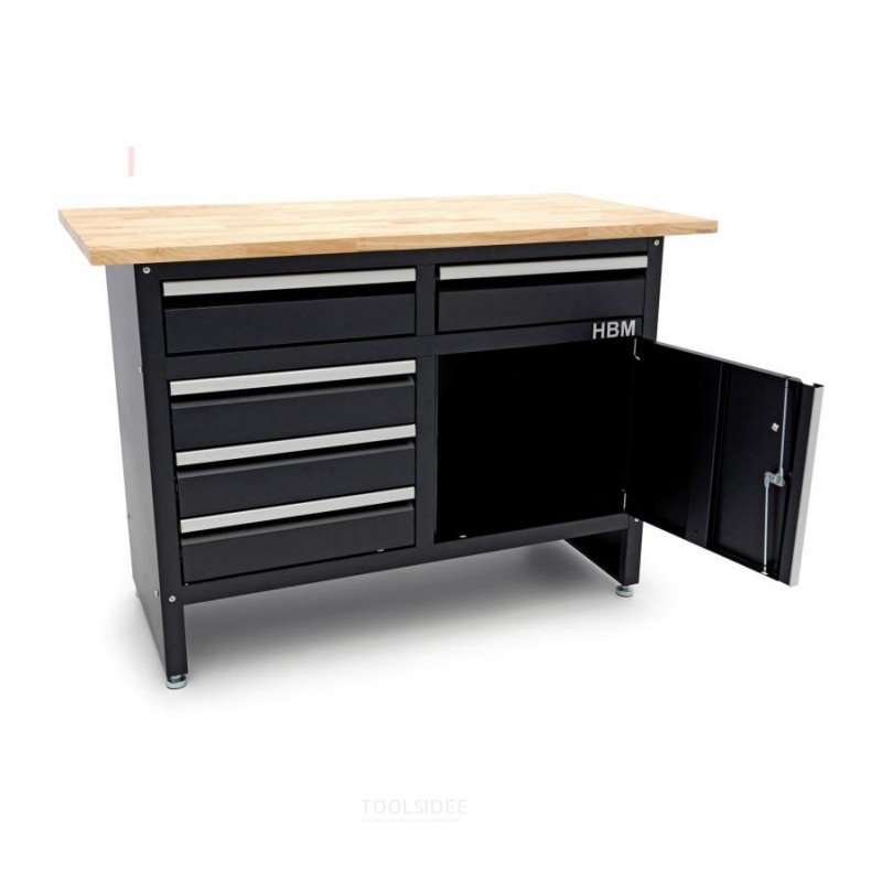 HBM 120 cm workbench with 5 drawers, 1 door and solid wood worktop HBM 120 cm workbench with 5 drawers, 1 door and solid wood worktop