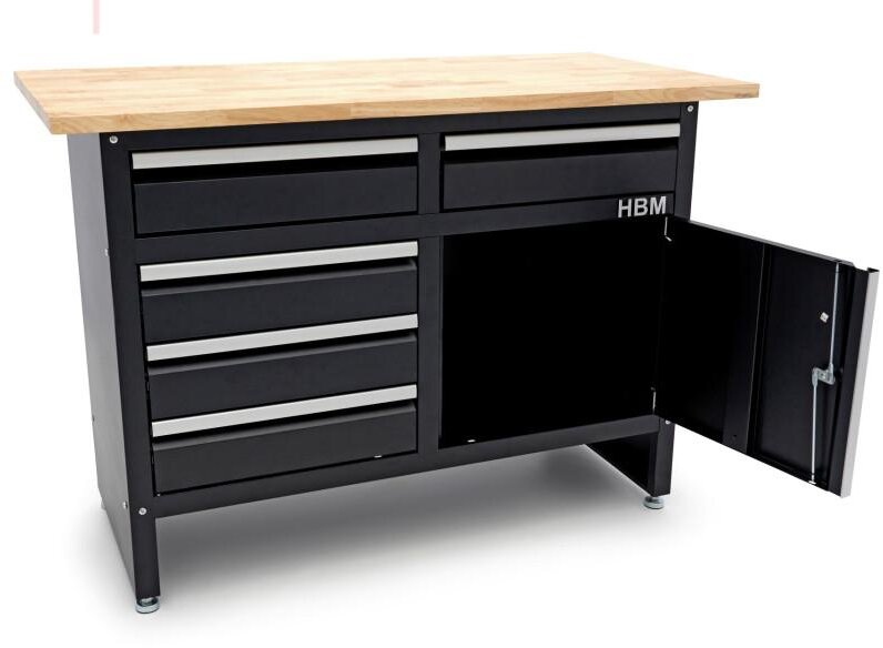 HBM 120 Cm Arbeidsbenk med 5 skuffer, 1 dør og heltre benkeplate