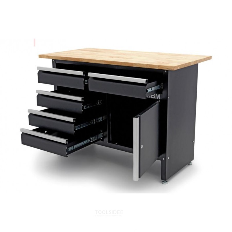 HBM 120 cm workbench with 5 drawers, 1 door and solid wood worktop HBM 120 cm workbench with 5 drawers, 1 door and solid wood worktop