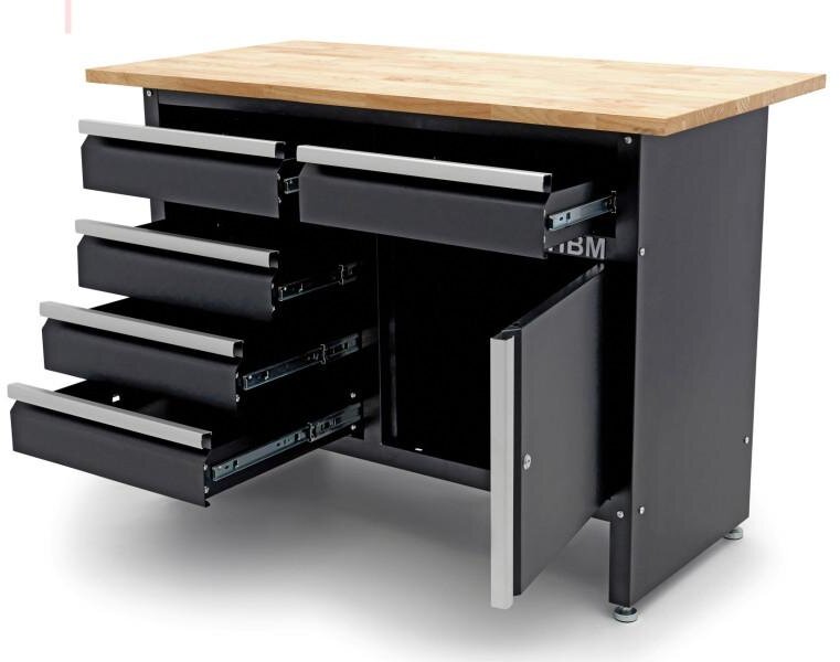 HBM 120 Cm Arbeidsbenk med 5 skuffer, 1 dør og heltre benkeplate
