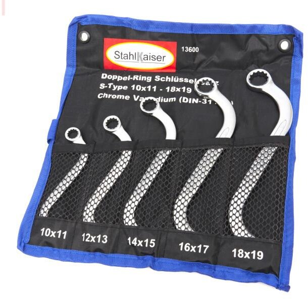 Stahlkaiser 5-delt S Dobbeltringnøkkelsett 10 – 19 mm. Stahlkaiser 5-delt S Dobbeltringnøkkelsett 10 – 19 mm.