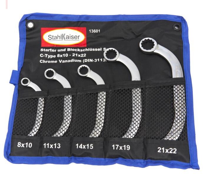 Stahlkaiser 5-delt C Dobbeltringnøkkelsett 8 – 22 mm. Stahlkaiser 5-delt C Dobbeltringnøkkelsett 8 – 22 mm.