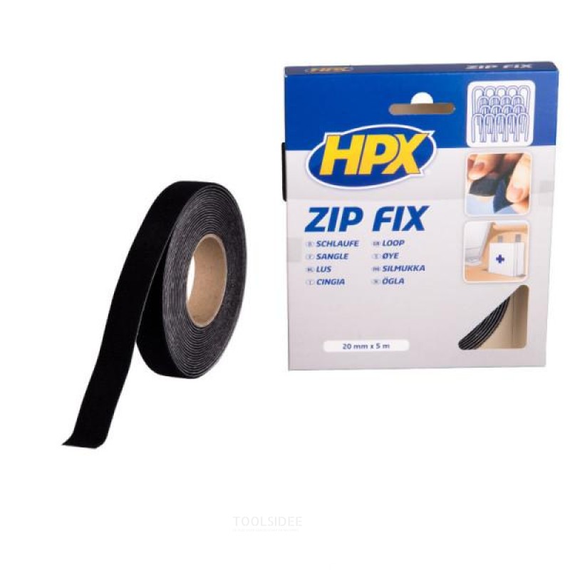 HPX Zip fix krog og løkke tape (løkke) - sort 20mm x 5m