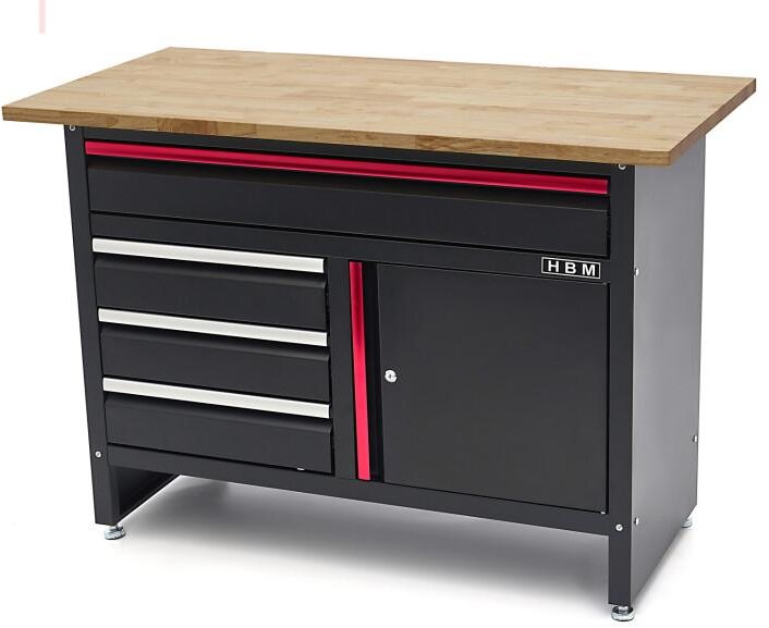 HBM 120 cm arbejdsbord med 4 skuffer, 1 dør og træplade i sort