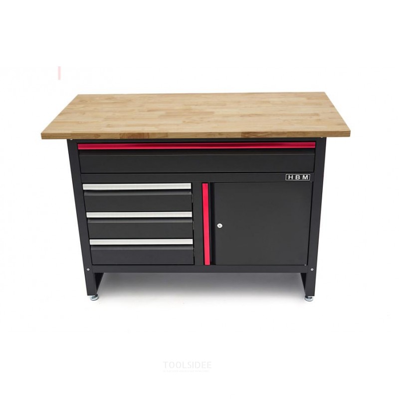 HBM 120 cm arbejdsbord med 4 skuffer, 1 dør og træplade i sort HBM 120 cm arbejdsbord med 4 skuffer, 1 dør og træplade i sort