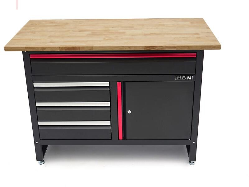 HBM 120 cm arbejdsbord med 4 skuffer, 1 dør og træplade i sort