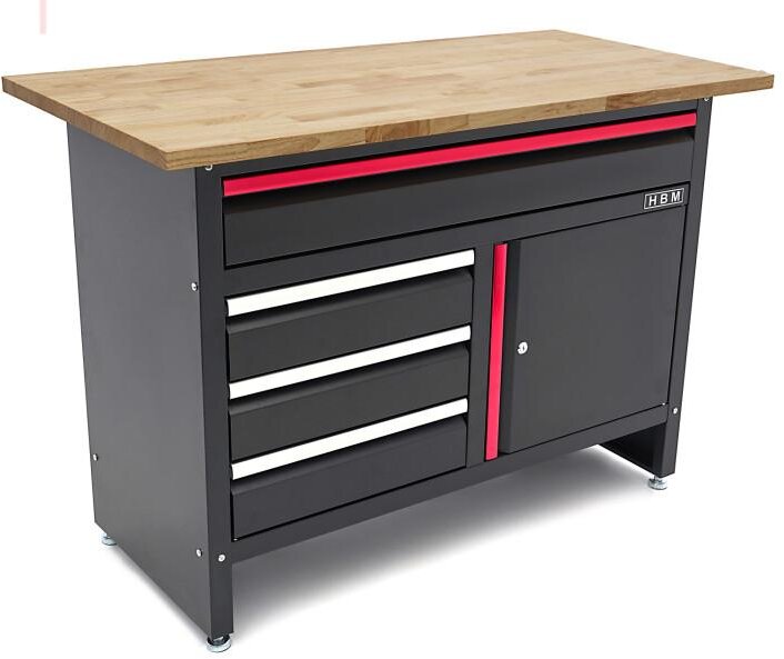 HBM 120 cm arbejdsbord med 4 skuffer, 1 dør og træplade i sort
