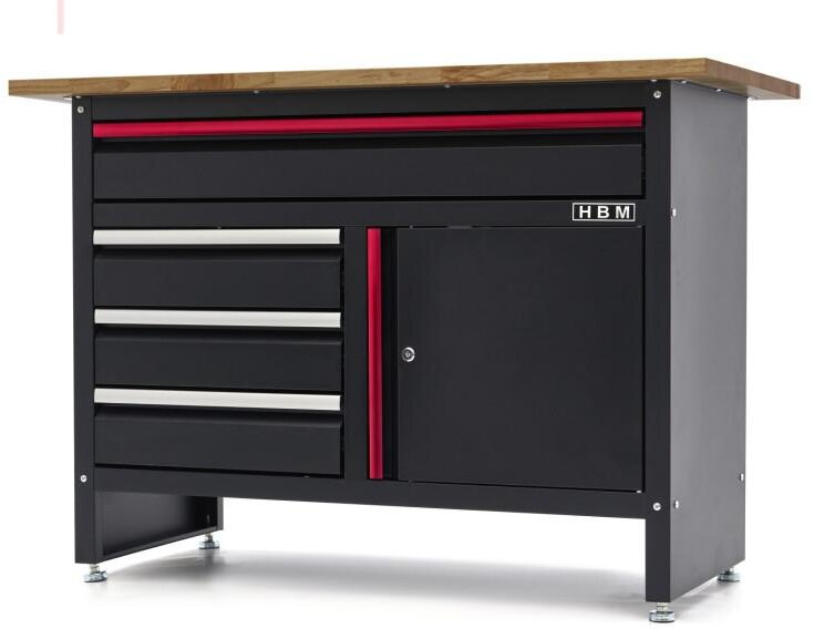 HBM 120 cm arbejdsbord med 4 skuffer, 1 dør og træplade i sort