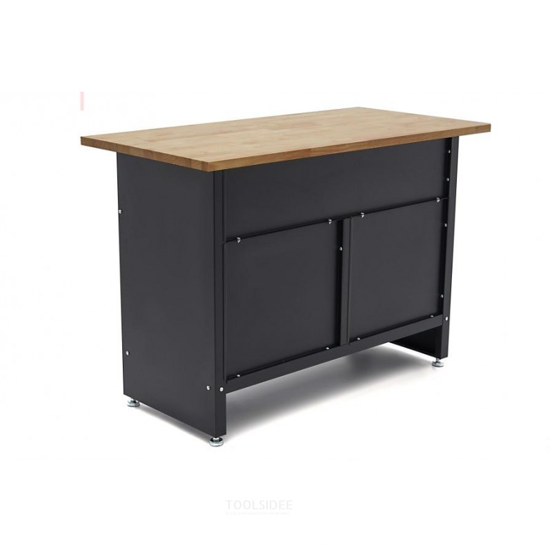HBM 120 cm arbejdsbord med 4 skuffer, 1 dør og træplade i sort HBM 120 cm arbejdsbord med 4 skuffer, 1 dør og træplade i sort