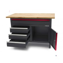 HBM 120 cm arbejdsbord med 4 skuffer, 1 dør og træplade i sort