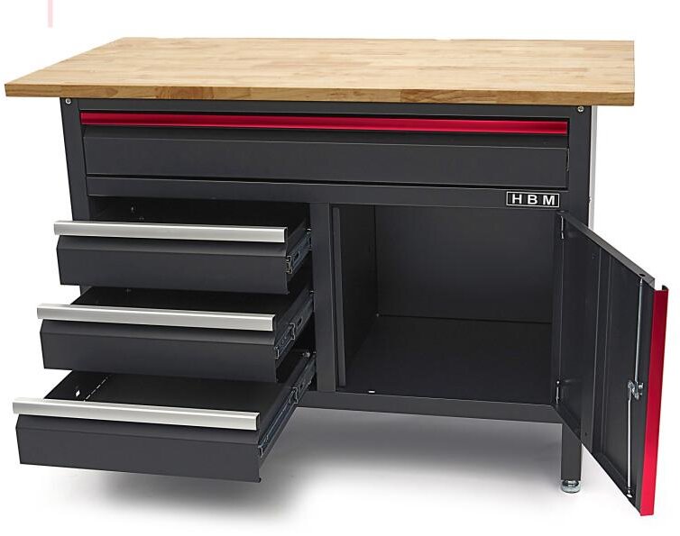 HBM 120 cm arbejdsbord med 4 skuffer, 1 dør og træplade i sort