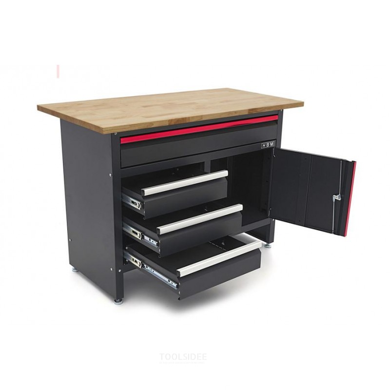 HBM 120 cm arbejdsbord med 4 skuffer, 1 dør og træplade i sort HBM 120 cm arbejdsbord med 4 skuffer, 1 dør og træplade i sort