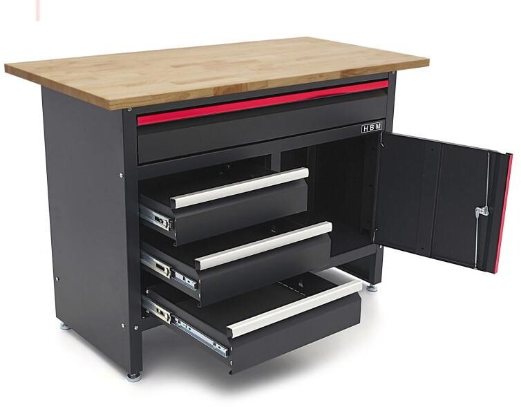 HBM 120 cm arbejdsbord med 4 skuffer, 1 dør og træplade i sort