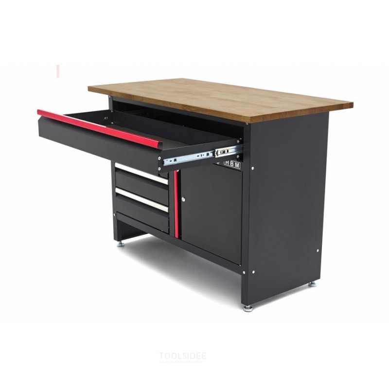 HBM 120 cm arbejdsbord med 4 skuffer, 1 dør og træplade i sort HBM 120 cm arbejdsbord med 4 skuffer, 1 dør og træplade i sort