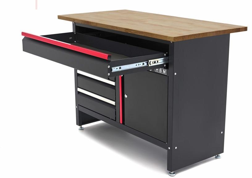 HBM 120 cm arbejdsbord med 4 skuffer, 1 dør og træplade i sort