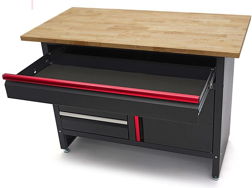 HBM 120 cm arbejdsbord med 4 skuffer, 1 dør og træplade i sort