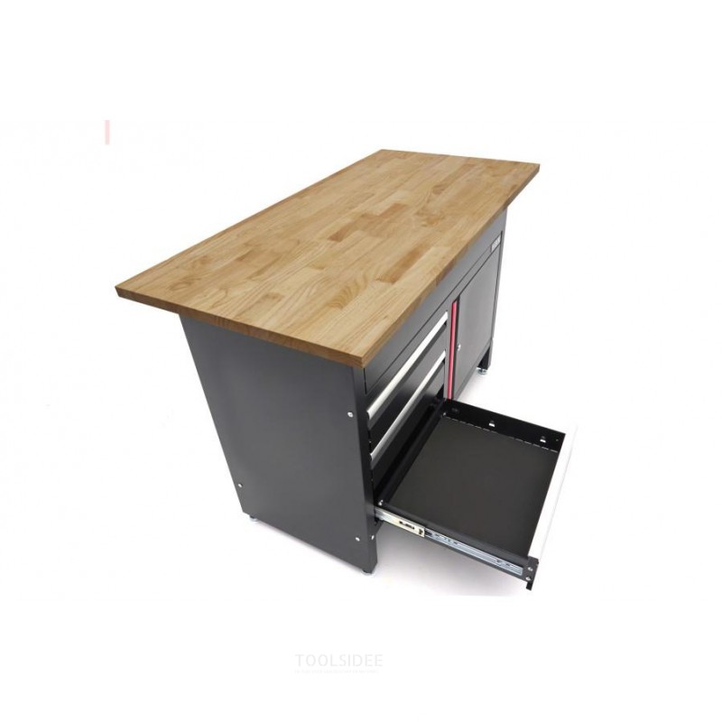 HBM 120 cm arbejdsbord med 4 skuffer, 1 dør og træplade i sort HBM 120 cm arbejdsbord med 4 skuffer, 1 dør og træplade i sort