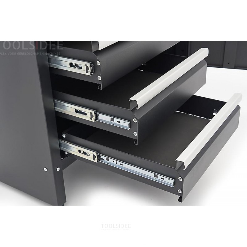 HBM 120 cm arbejdsbord med 4 skuffer, 1 dør og træplade i sort HBM 120 cm arbejdsbord med 4 skuffer, 1 dør og træplade i sort