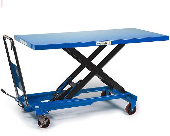 HBM mobiler Arbeitstisch / Hubtisch groß 500 kg, blau