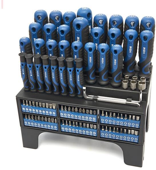 HBM mykt grep skrutrekker, pipenøkkel, bitsett 100 deler