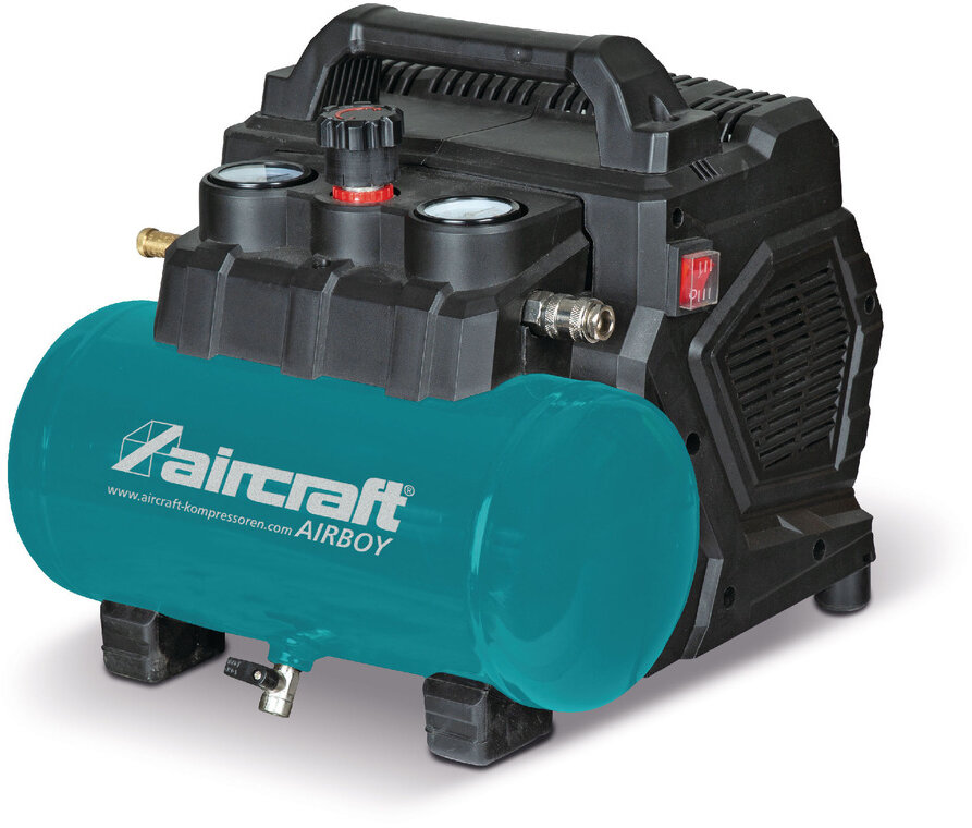 Kompressor, tystgående, oljefri panna, 6 l, 0,6 kW / 0,81 pk, 111 l/min, 8 bar, 230 V, flygplan