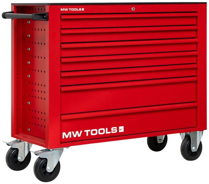 Rød værktøjsvogn med 7 skuffer, 1055 mm bred, 160 mm hjul. MW Tools