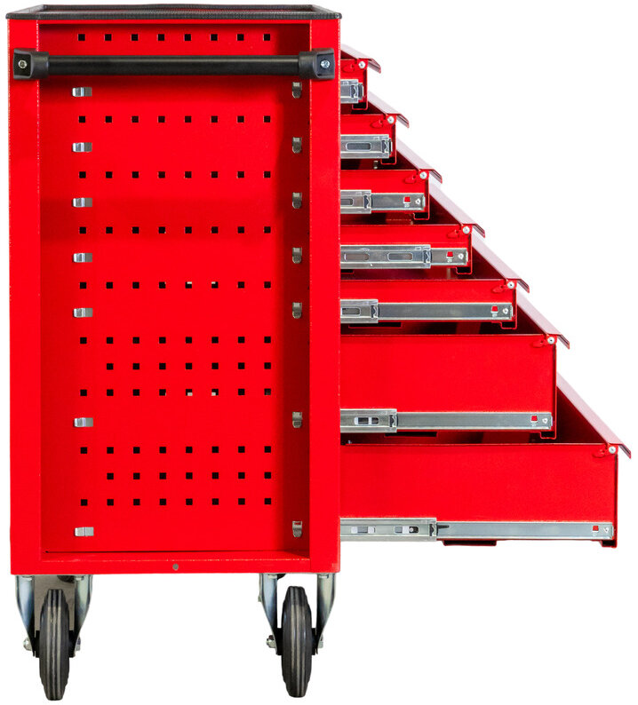 Rød værktøjsvogn med 7 skuffer, 1055 mm bred, 160 mm hjul. MW Tools
