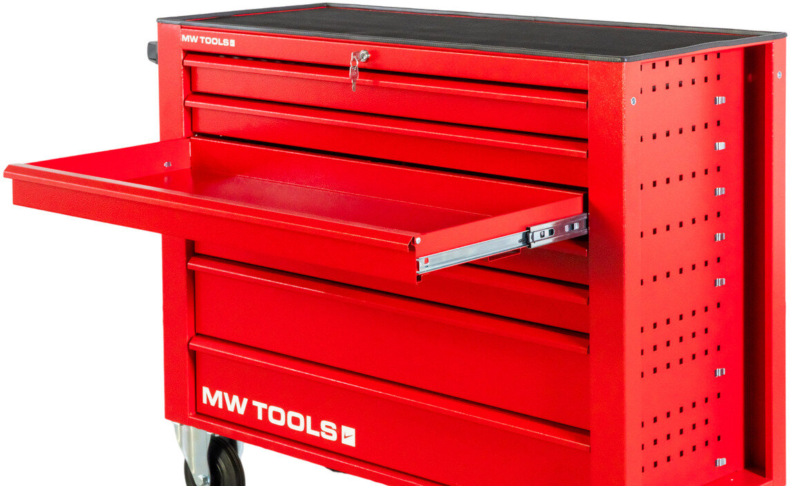 Rød værktøjsvogn med 7 skuffer, 1055 mm bred, 160 mm hjul. MW Tools