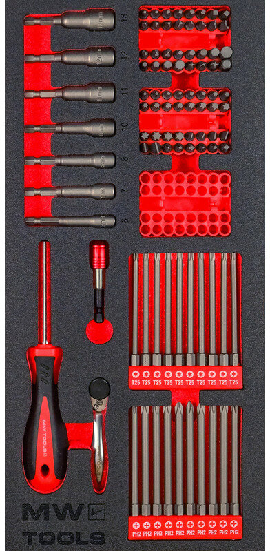 Bitssett ¼” skumbrett Torx- Flat- PH- PZ- ROB- Vinge- HEX- Spline 94-delers MW-verktøy