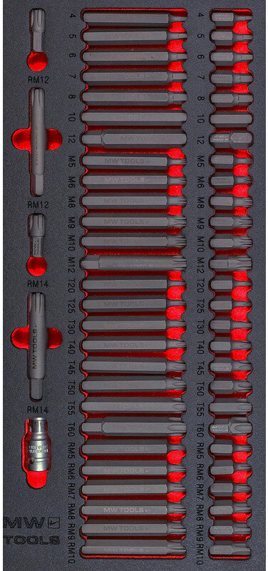 Bitssett i skumbrett Ribe- Spline- HEX- TORX 59 deler MW Tools Bitssett i skumbrett Ribe- Spline- HEX- TORX 59 deler MW Tools