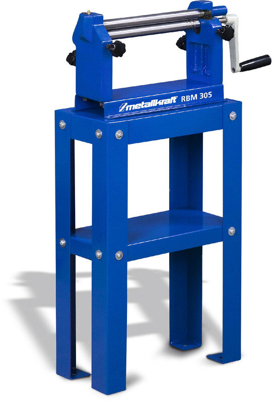 Manuel pladevalsemaskine med 3 ruller, arbejdsbredde 305 mm, pladetykkelser op til 0,8 mm i stål. Metallkraft