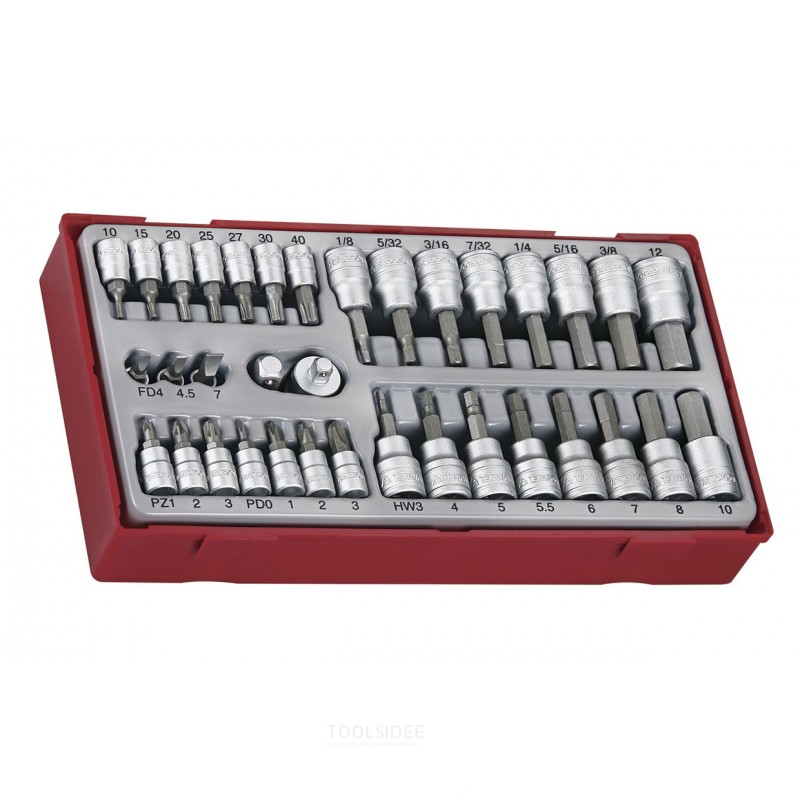 Topnøgle- og bitsæt TT1 bakke 1/4" 3/8" Flad - PH - PZ - TX - sekskant 35 dele Teng Tools Topnøgle- og bitsæt TT1 bakke 1/4" 3/8" Flad - PH - PZ - TX - sekskant 35 dele Teng Tools