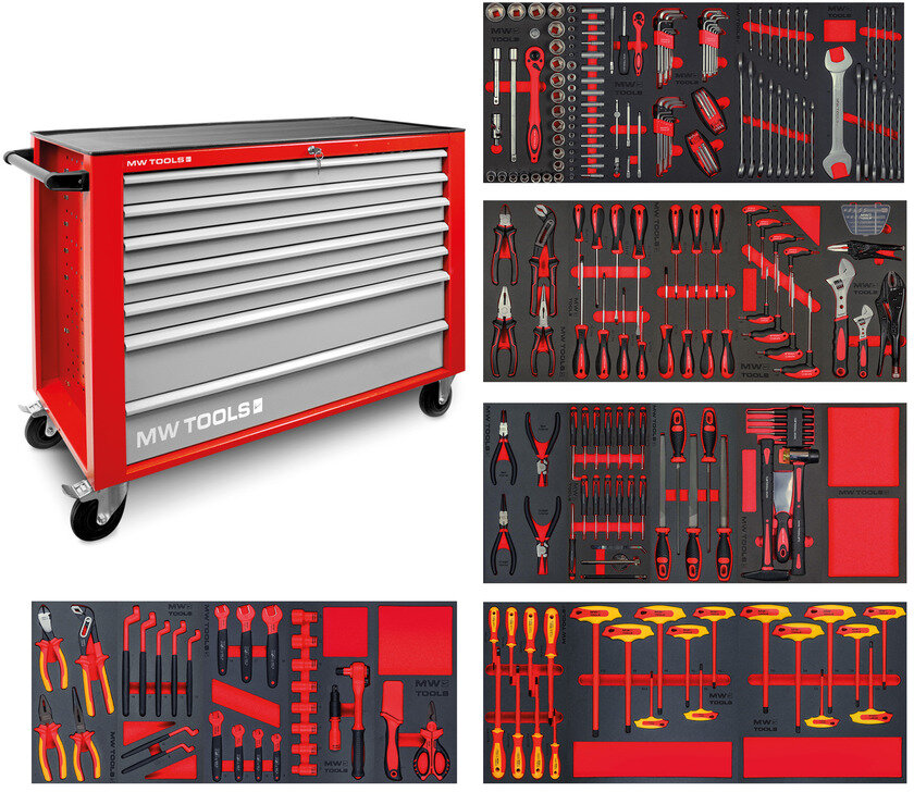 Gefüllter breiter Werkzeugwagen EV STARTER 265-teilig MW Tools
