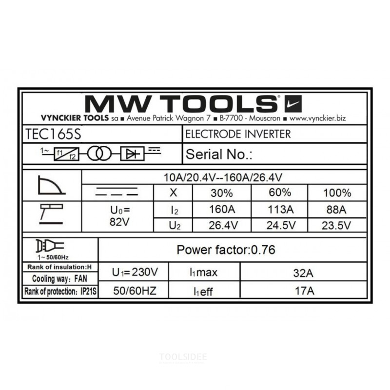 Elektrodeinverter LCD 160A 230V + tilbehør MW Tools