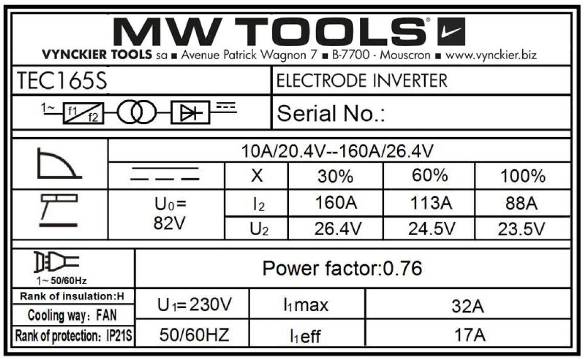 Elektrodeinverter LCD 160A 230V + tilbehør MW Tools Elektrodeinverter LCD 160A 230V + tilbehør MW Tools