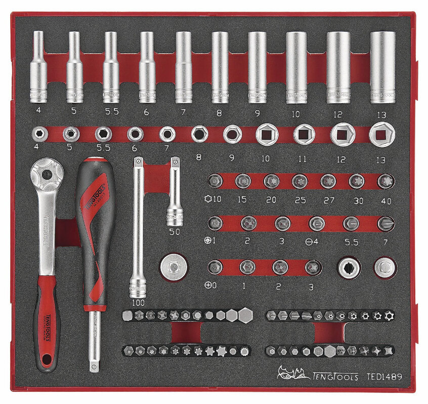 Steckschlüssel- und Bitsatz Foam2-Schale 1/4" FLACH- TX- PH- PZ 4- 13mm 89-teilig Teng Tools