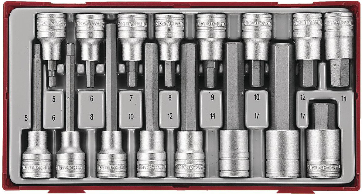 Langer Steckschlüssel-Bitsatz Hex TT1 Ablage 1/2'' 55- 100- 115mm 16-teilig Teng Tools